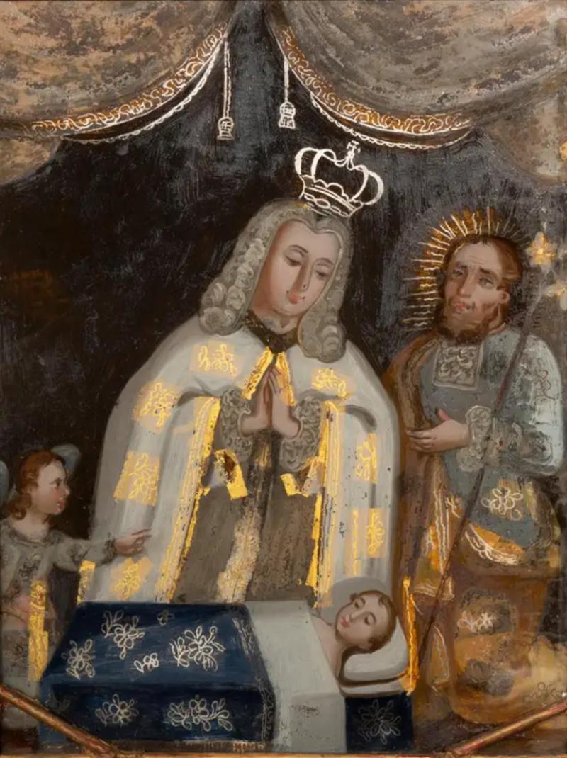 European Reverse Painting on Glass of a King Praying for a Child