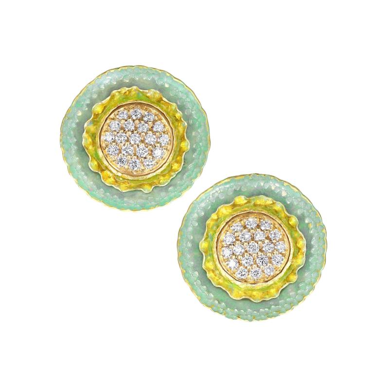 Eva Steinberg Internally Flawless White Diamond Opalescent Enamel Flower Stud Earrings