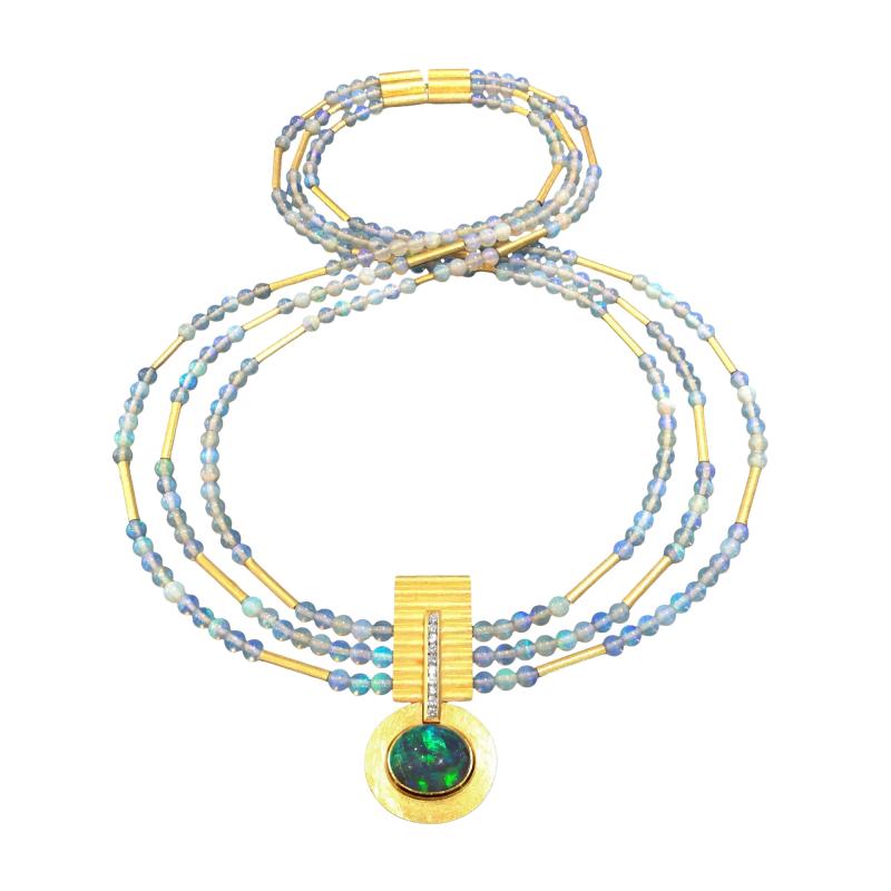 Eva Steinberg Lightning Ridge Black Opal White Diamond Opal Triple Strand 21k Gold Necklace