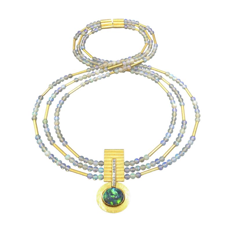 Eva Steinberg Phenomenal Lightning Ridge Black Opal Diamond White Opal Multistrand Necklace