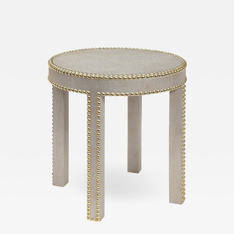 Evan Lobel Lobel Originals Side Table in Platinum Lacquered Linen and Brass Studs New 