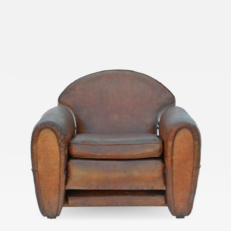 Exceptional Aged Leather French Art Deco Adjustable Club Chair