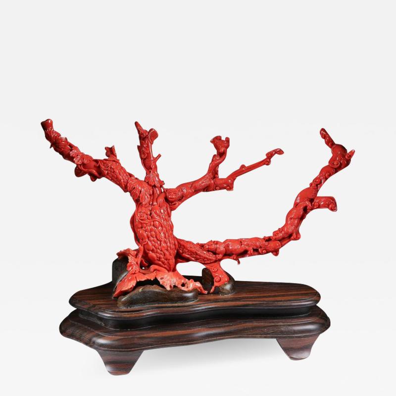 Exceptional Chinese Carved Coral Tree Branch with Monkeys and Squirrels Qing