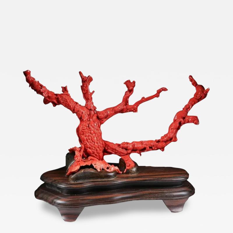 Exceptional Chinese Carved Coral Tree Branch with Monkeys and Squirrels Qing