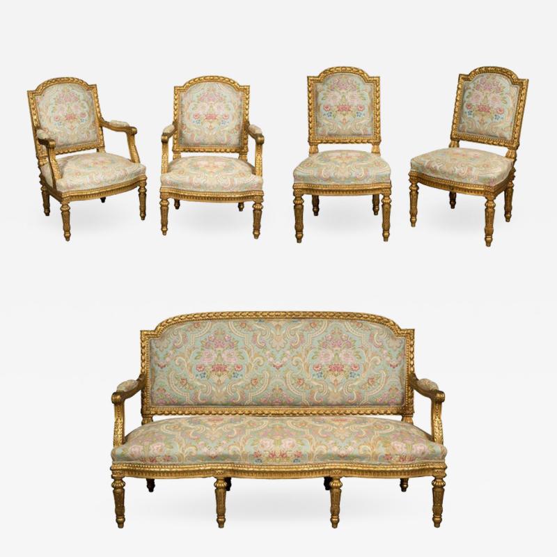 Exceptional French Louis XVI Style Five Piece Gilt wood Salon Suite Set