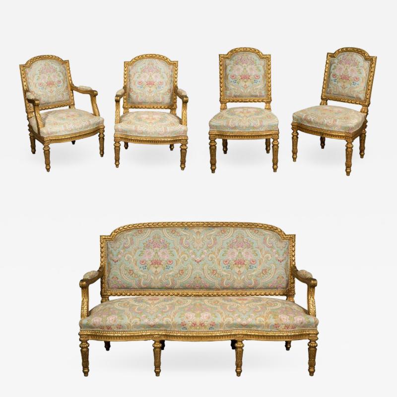 Exceptional French Louis XVI Style Five Piece Gilt wood Salon Suite Set