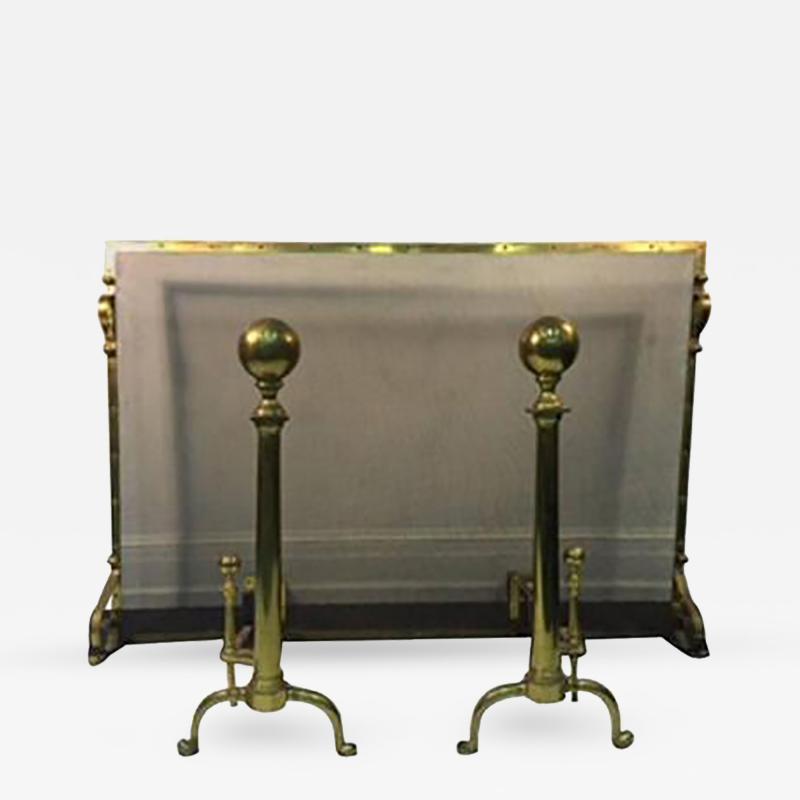 Exceptional Giant Brass Fireplace Screen with Andirons