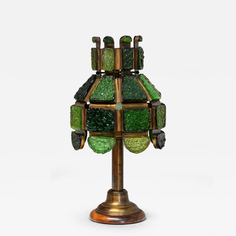 Exceptional Italian Brutalist Green Dalle de Verre Table Lamp in Brass 1970s