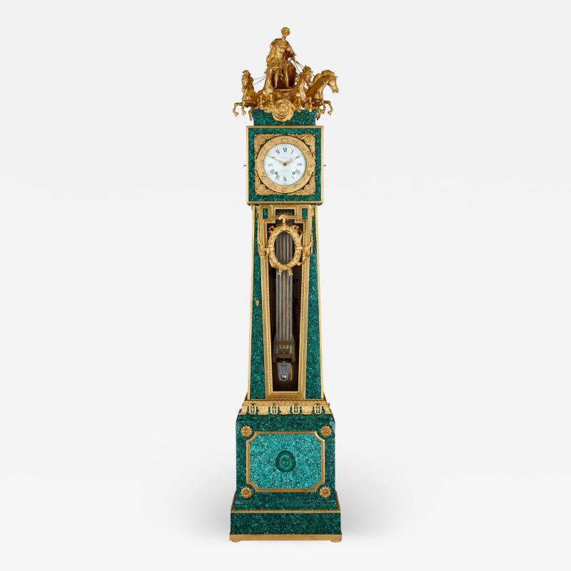 Exceptional Louis XVI style gilt bronze and malachite grandfather clock