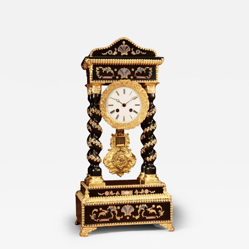 Exceptional Original Boulle Style and Gilded French Portico Clock 