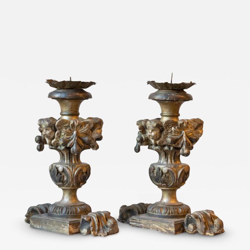 Exceptional Pair of 18th Century Italian Silvered Wood Candlesticks with Angel H