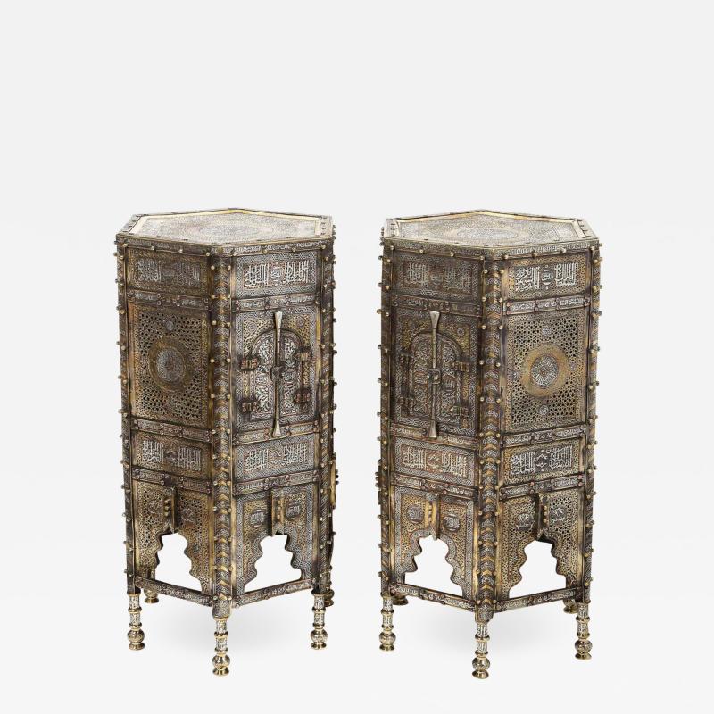 Exceptional Pair of Islamic Mamluk Revival Silver Inlaid Quran Side Tables