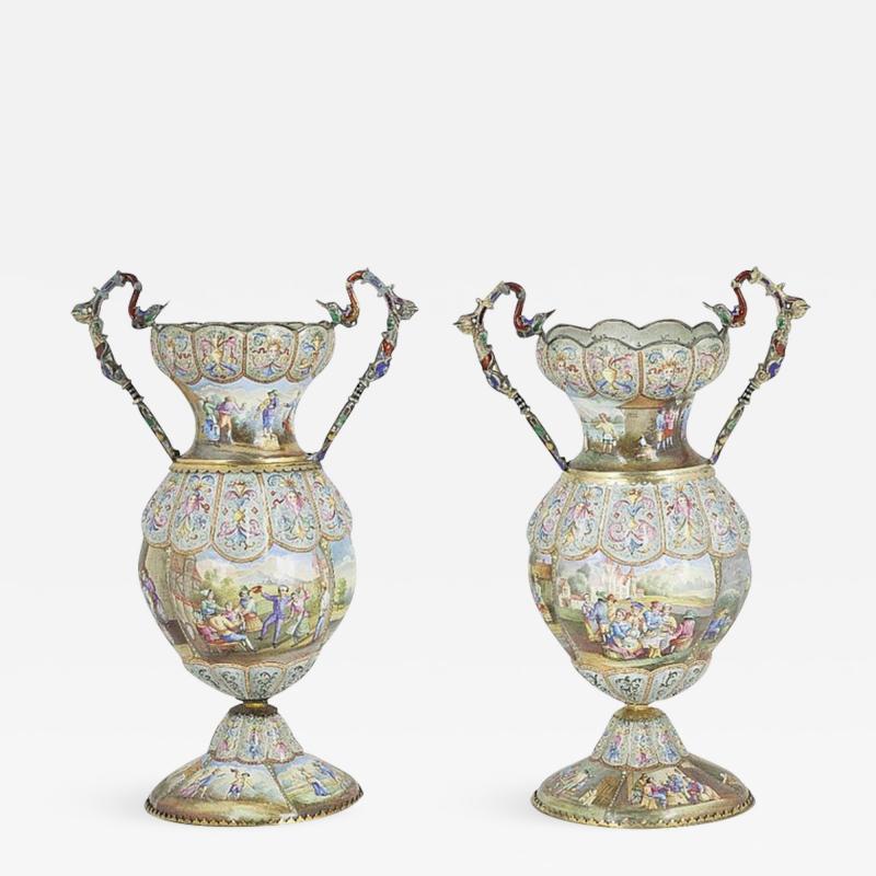 Exceptional Pair of Large Silver Mounted Viennese Enamel Vases by Rudolf Linke