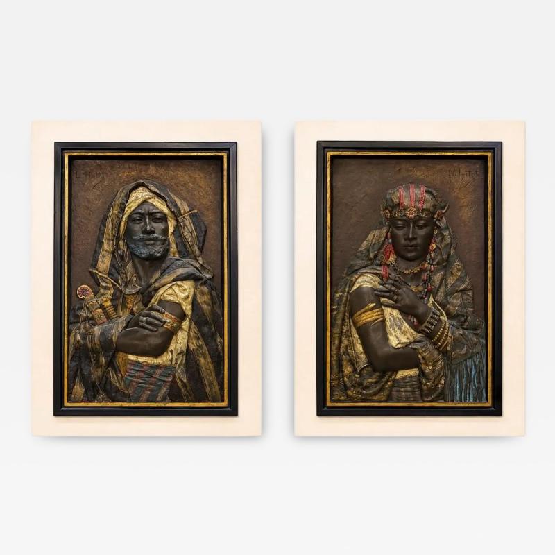 Exceptional Pair of Signed Louis Hottot Orientalist Polychrome Relief Panels