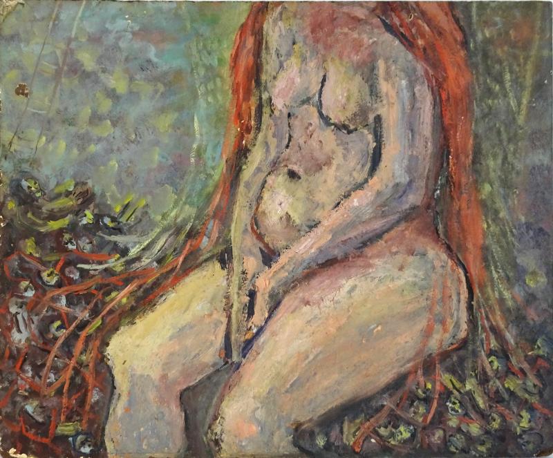 Expressionist Nude Oil on Masonite Unsigned in Older Carved Frame and Glass