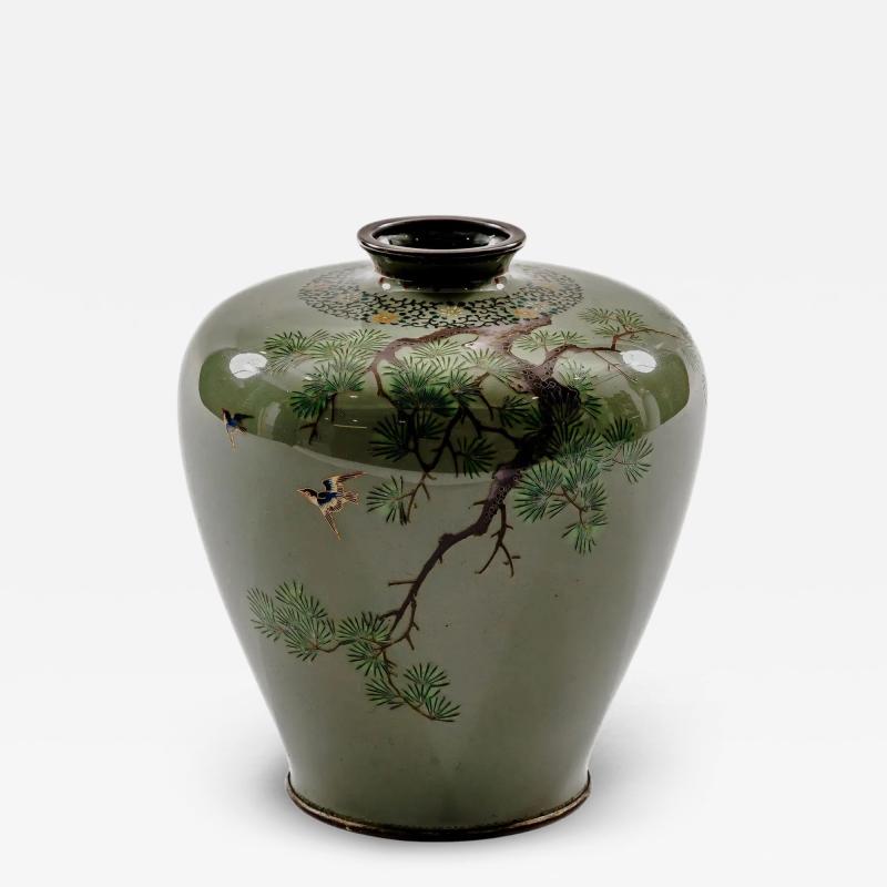 Exquisite Cloisonn Enamel Vase Birds Pine Celadon Ground Attributed Hayashi