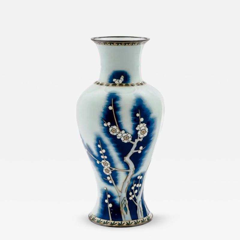Exquisite Japanese Cloisonn Enamel Vase Blue and White Plum Blossoms Ando