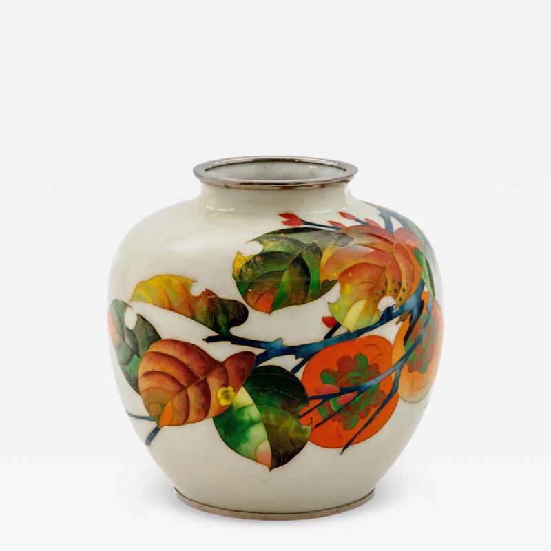 Exquisite Japanese Cloisonn Enamel Vase with Persimmons on Ivory Ground