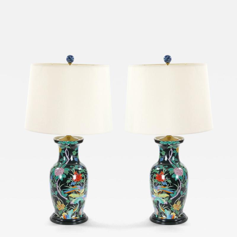 Exquisite Mid 20th Century Chinese Famille Noir Porcelain Table Lamp Wood Base