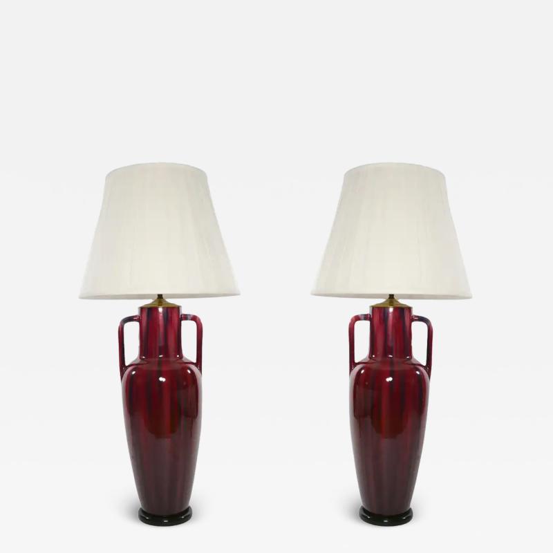 Exquisite Pair Flamb Porcelain Black Wood Table Lamp