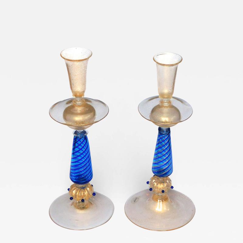 Exquisite Pair of Murano Gold Aventurine and Blue Filigrana Glass Candlesticks