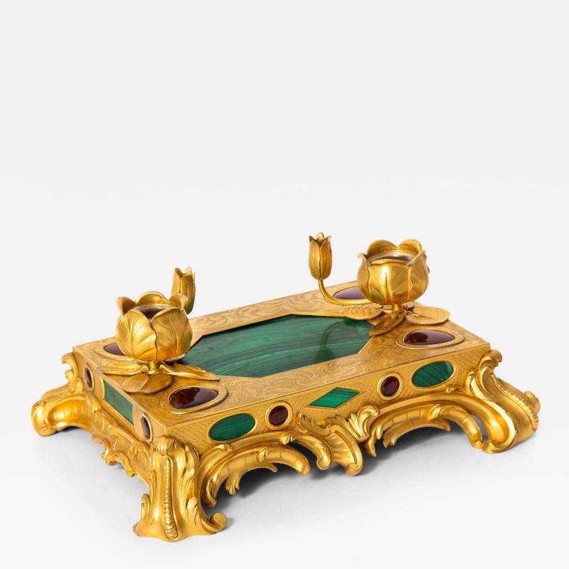 Exquisite Rococo Gilt Bronze Malachite Encrier Inkwell Desk Set ca 1880