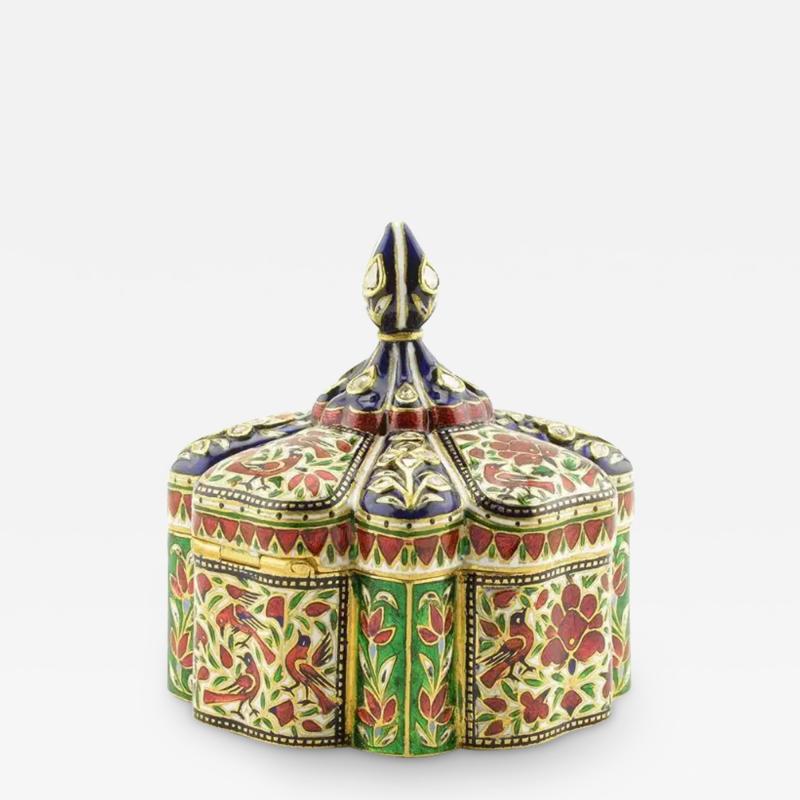 Exquisite and Large Indian 22K Gold Enamel and Diamond Snuff Box Jaipur