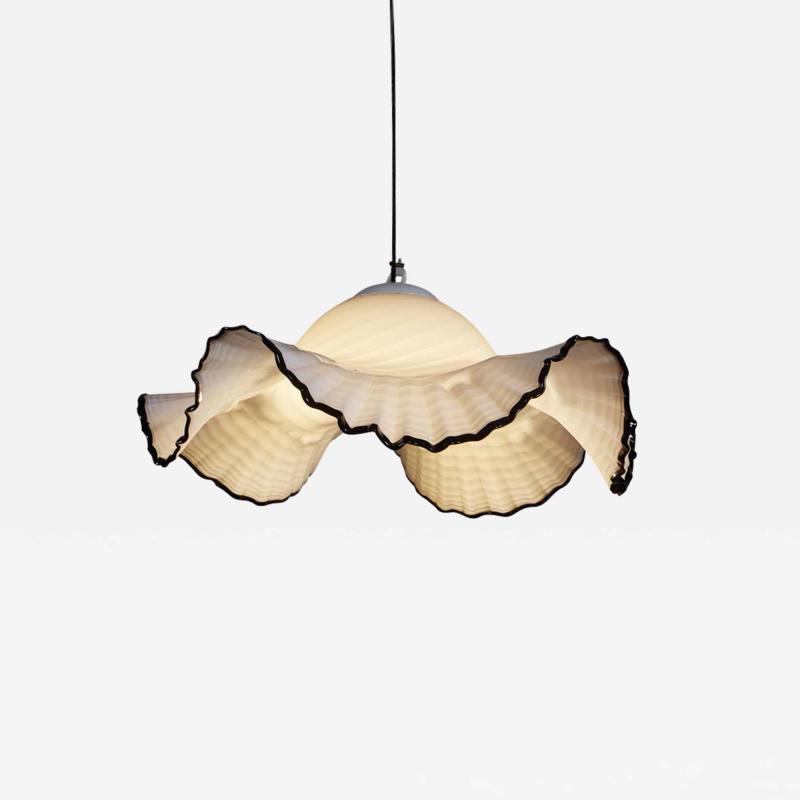 Extra large 1960s Murano Fazzoletto frilly white and black ceiling pendant