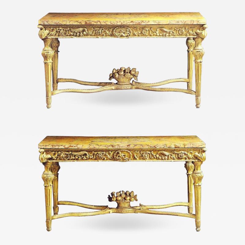 Extraordinary Pair of Italian 18th Century Carved Giltwood Console Tables