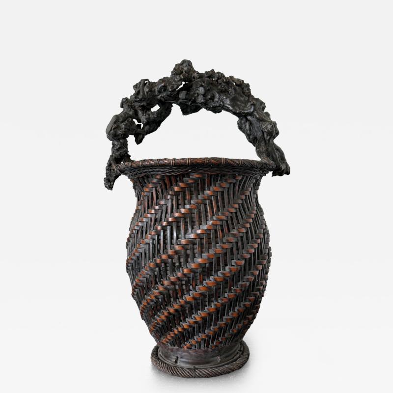 Extraordinary Smoke Bamboo Basket with Wisteria Root Handle Meiji Period