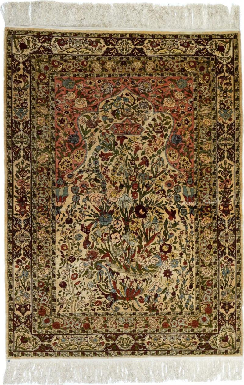 Extremely Fine Antique Turkish Silk Hereke Rug 3 5 x 4 11 