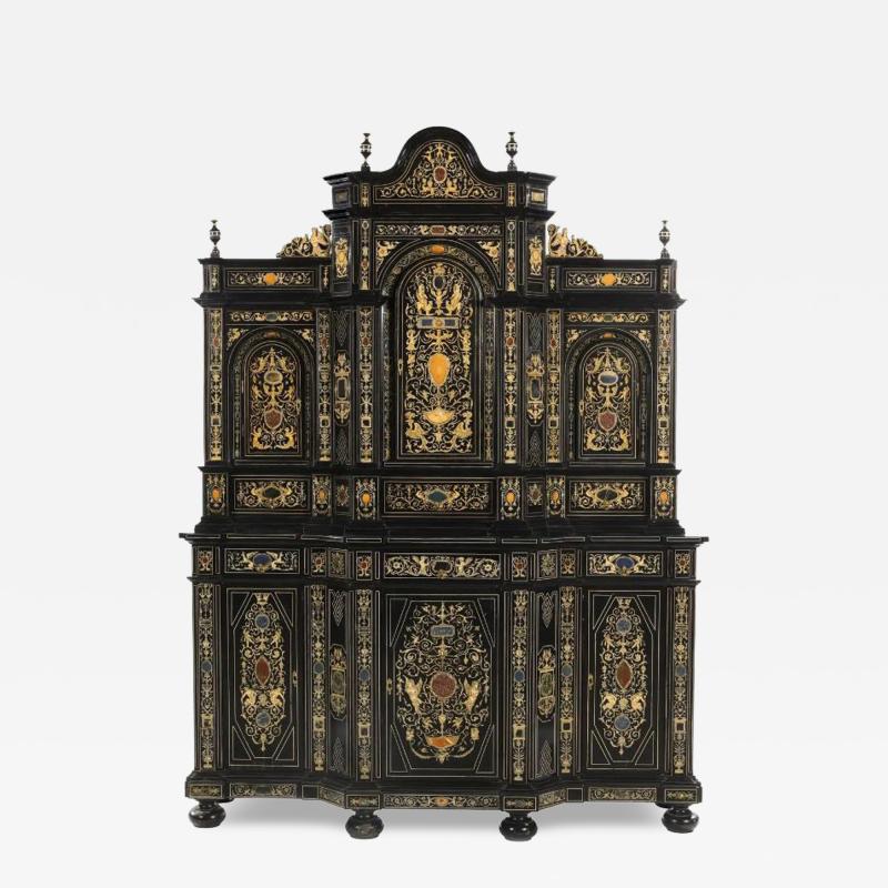 Extremely Fine Italian Baroque Ebonized Wood Faux Ivory and Hardstone Cabinet
