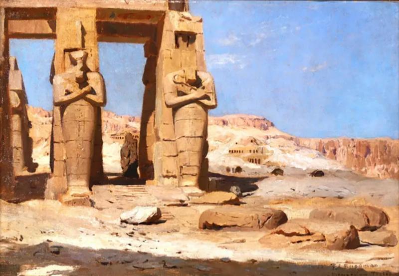 F A Bridgman Colossi of Memnon Egypt Rare Orientalist Landscape Painting