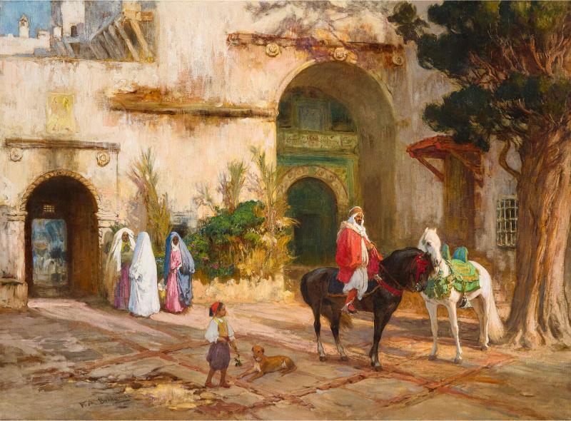 F A Bridgman Large American Orientalist oil painting of a courtyard by F A Bridgman