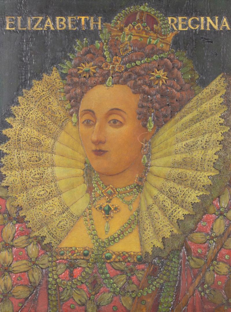 F William Fosdick Incised Wood And Oil Paint Portrait Of Queen Elizabeth