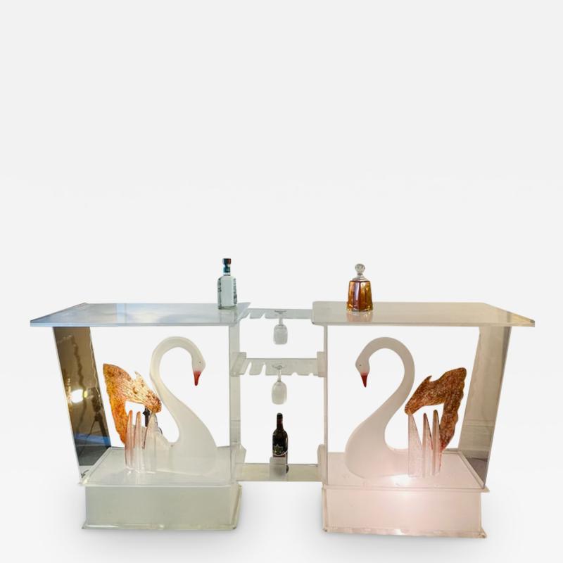 FANTASY CUSTOM CARVED SWANS ILLUMINATED LUCITE BAR WITH BAR STOOLS