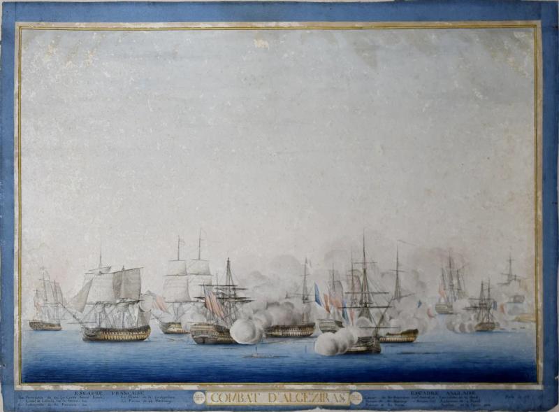 FINE ORIGINAL WATERCOLOUR DRAWING OF THE BATTLE OF ALGECIRAS