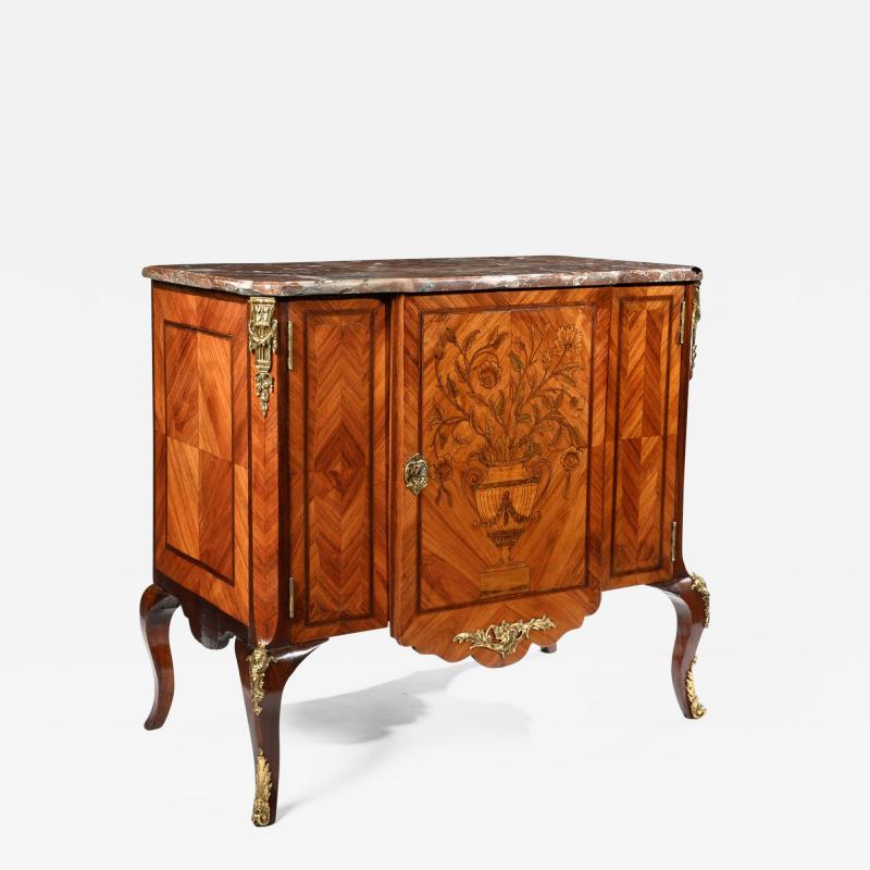 FINE PAIR OF GILT BRONZE MOUNTED TULIPWOOD AND MARQUETRY MARBLE TOPPED COMMODES