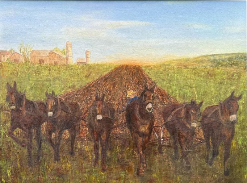 FOLK ART HORSES TILLING FIELD WITH FARMER BARN LANDSCAPE PAINTING