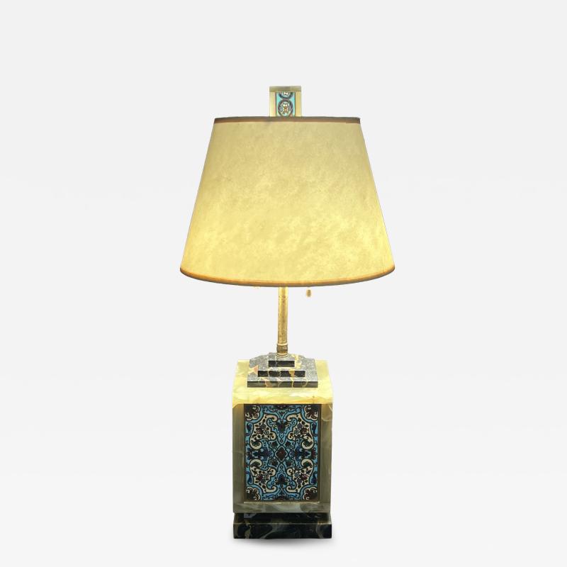 FRENCH ART DECO CHAPLEVE ONYX AND BLACK MARBLE LAMP WITH MATCHING FINIAL