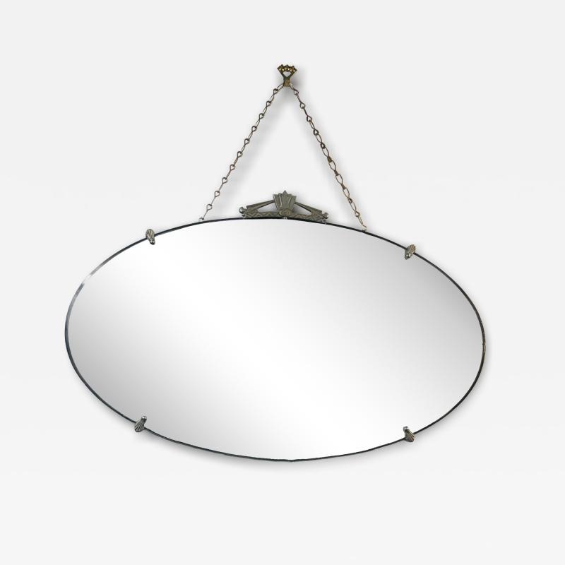 FRENCH ART DECO OVAL NICKELED BRONZE FRAMED MIRROR