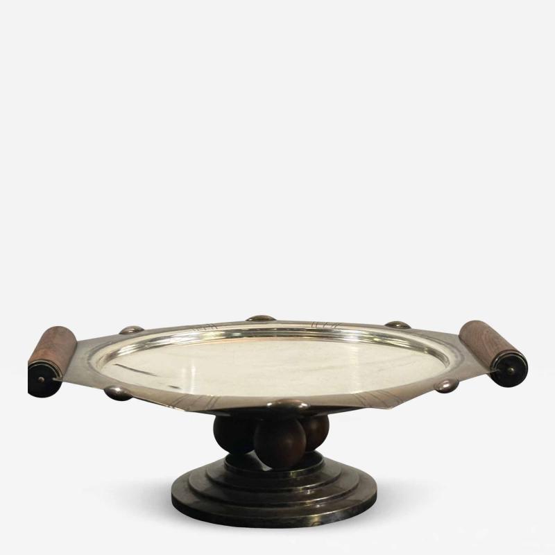 FRENCH ART DECO SILVERPLATE ROSEWOOD BALL HANDLES TAZZA