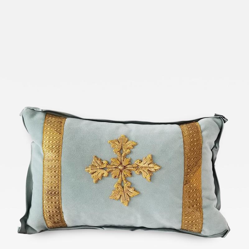 FRENCH ECCLESIASTICAL EMBROIDERED METALLIC CROSS APPLIQUE ON CUSTOM DOWN PILLOW