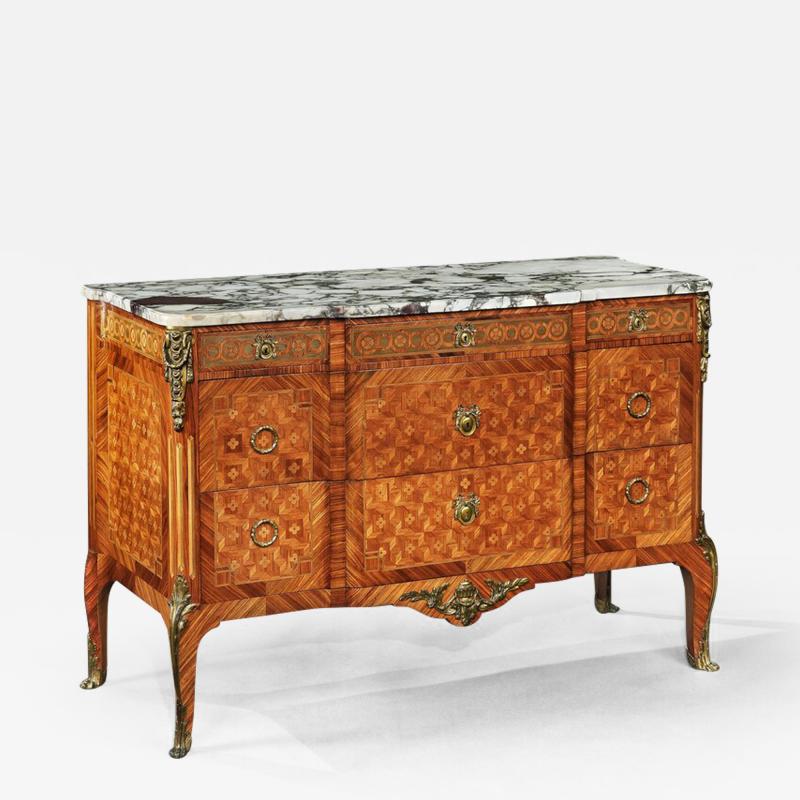 FRENCH GILT BRONZE MOUNTED TULIPWOOD AND KINGWOOD MARBLE TOPPED COMMODE