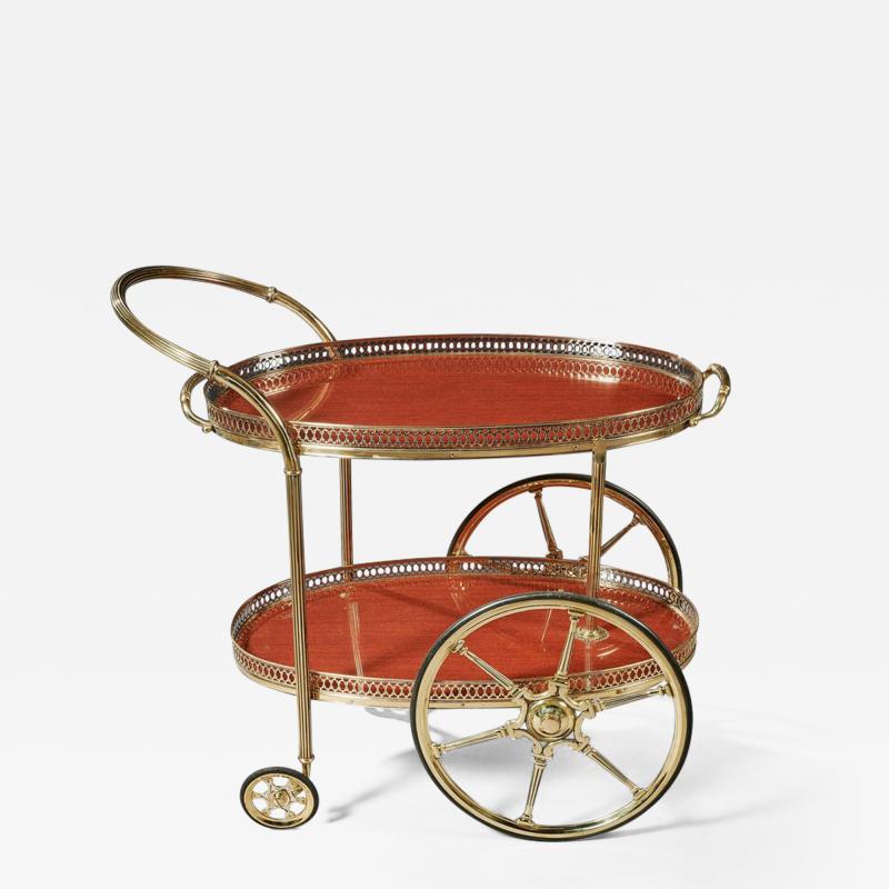 FRENCH MID 20TH CENTURY OVAL BRASS BAR CART WITH REMOVABLE TRAY