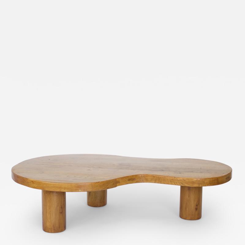 FRENCH OAK FREEFORM ORGANIC MODERN LOW COFFEE TABLE WITH MASSIVE COLUMN LEGS