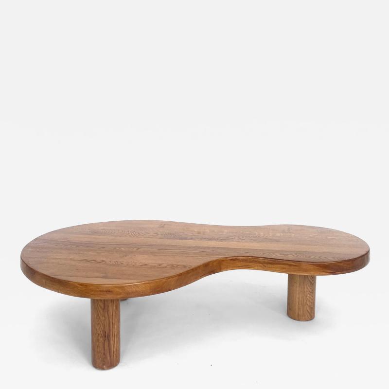FRENCH OAK FREEFORM ORGANIC MODERN LOW COFFEE TABLE WITH MASSIVE COLUMN LEGS