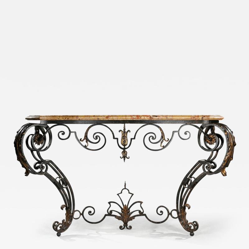 FRENCH WROUGHT IRON AND PARCEL GILT BRECHE D ALEP MARBLE TOP CONSOLE TABLE