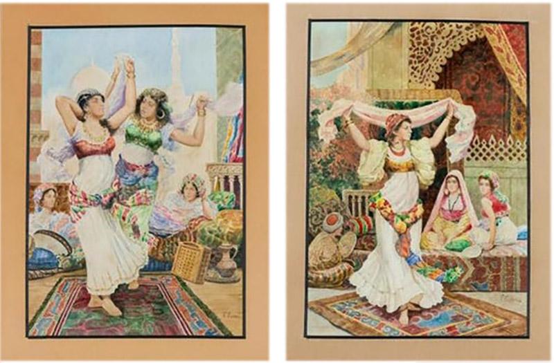 Fabio Fabbi Italian 1861 1946 Pair of Orientalist Watercolors Harem Dancers 