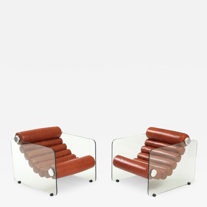 Fabio Lenci Pair of Hyaline Leather and Glass Chain Chairs by Fabio Lenci for Stendig